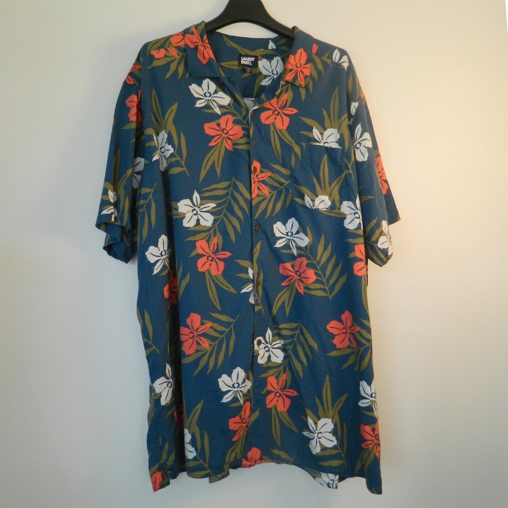 Lands' End Button Down Shirt Mens 4XL/T Blue Floral Tropical Cotton Viscose